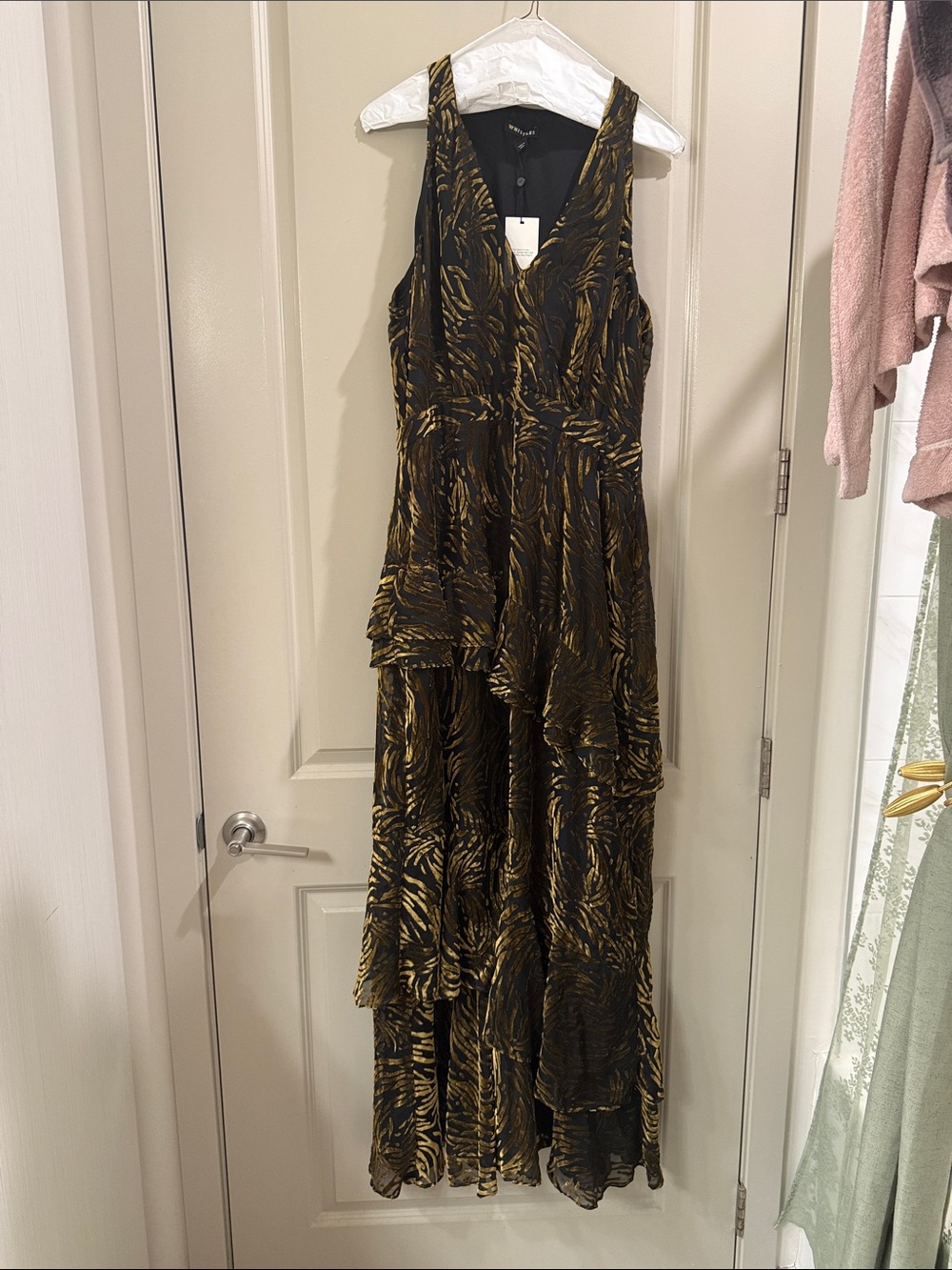 Whistles Black and Gold Tiered V-Neck Maxi Dress